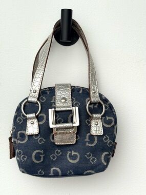 Vintage GUESS Y2K Demin Logo Monogram Mini Hand Bag with Silver Croc Trim Purse